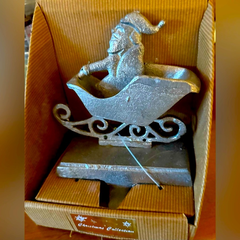 Silver Santa in Sleigh Stocking Holder Shimmery for Mantle Christmas Holiday HTF